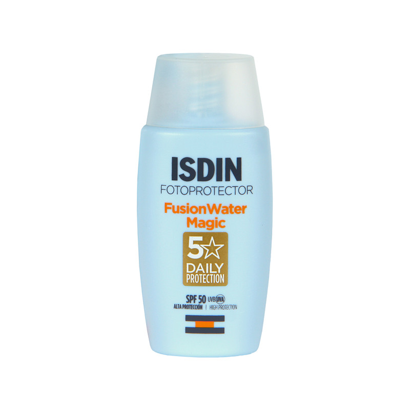 فلوئید ضدآفتاب بدون رنگ ایزدین SPF50 مدل Fusion Water Magic ‌مناسب انواع پوست، حجم 50 میلی‌لیتر