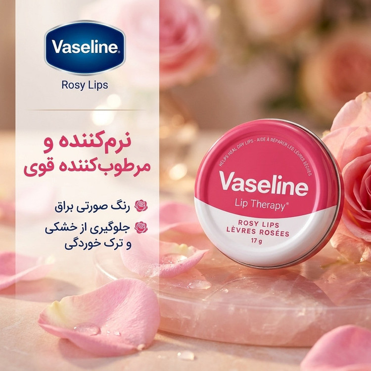 کرم نرم کننده لب وازلین مدل Rosy با رایحه گل، نرمکننده و مرطوبکننده قوی، جلوگیری از خشکی و ترک خوردگی، رنگ صورتی براق، وزن 17 گرم
