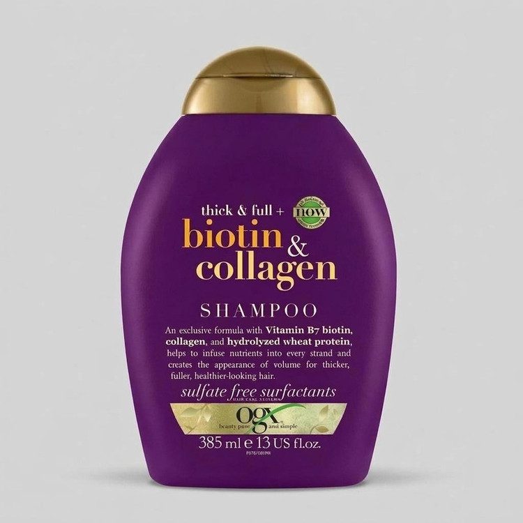 شامپو مو او جی ایکس مدل biotin & collagen حجم 385 میلیلیتر، تقویتکننده، ضد ریزش، ترمیمکننده، آبرسان، براقکننده، بدون سولفات، مناسب انواع مو