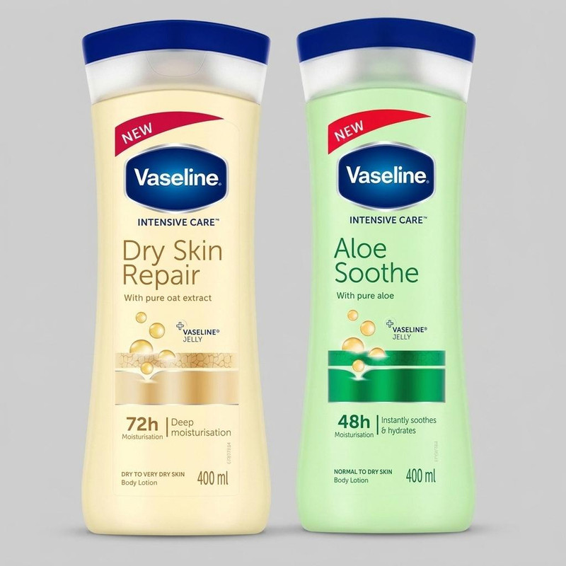 پک لوسیون بدن وازلین مدل DRY INTENSIVE CARE حجم 400 میلیلیتر با روغن جو و مدل Aloe SOOTHE حجم 400 میلیلیتر با عصاره آلوئه ورا مناسب پوست خشک و حساس، مرطوبکننده قوی و التیامبخش